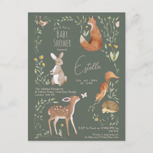 ウッドランドアニマルズフォレストフレンズ赤ちゃんシャワー ポストカード (正面)