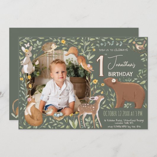 ウッドランドアニマルズフォレストフレンズ赤ちゃんシャワー 招待状 (正面/裏面)