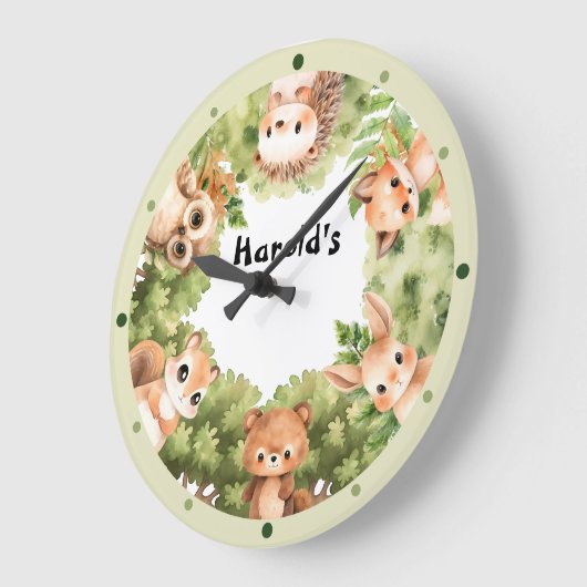 ウッドランドアニマルズフォレスト男の赤ちゃん子供部屋 ラージ壁時計 (傾斜)