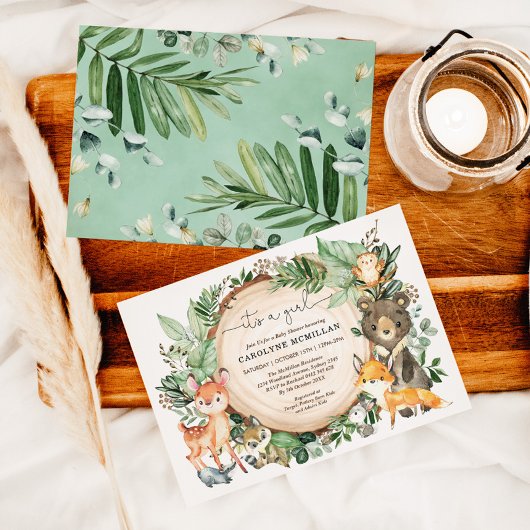 ウッドランドアニマルズフォレスト緑の女の子ベビーシャワー 招待状