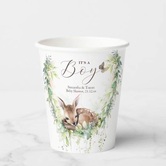 ウッドランドアニマルズフォレスト緑の男の赤ちゃんシャワー 紙コップ (正面)