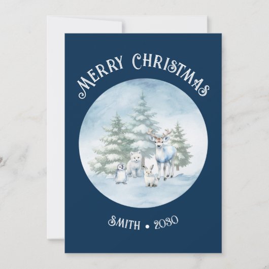 ウッドランドアニマルズブルークリスマスフラットホリデーカード シーズンカード (正面)