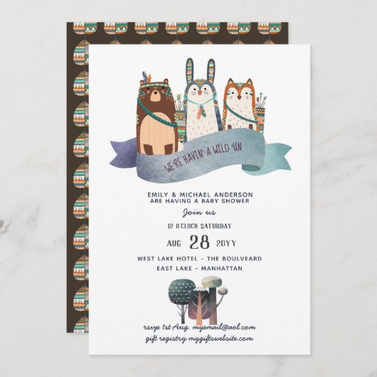 ウッドランドアニマルズベビーシャワー招待状トライバル 招待状 (正面/裏面)