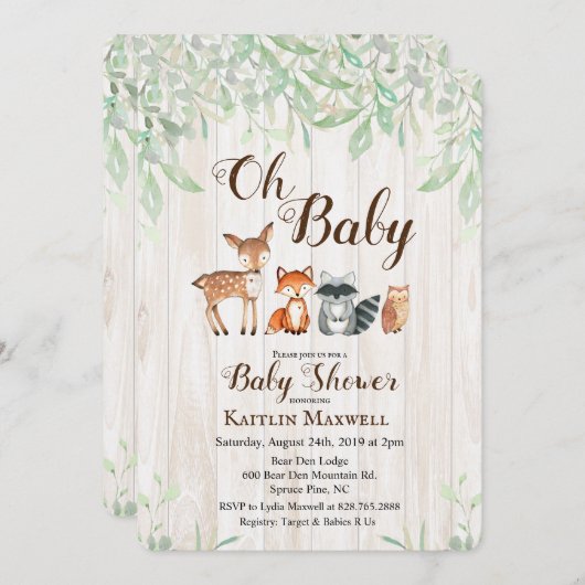 ウッドランドアニマルズベビーシャワー招待状 招待状 (正面/裏面)