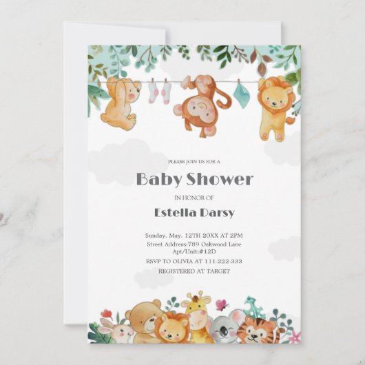 ウッドランドアニマルズベビーシャワー招待状 招待状 (正面)