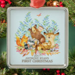 ウッドランドアニマルズベビー初めてのクリスマスオーナメント メタルオーナメント<br><div class="desc">かわいいウッドランドの動物のための男の赤ちゃん初めてのクリスマス。ビール、鹿、キツネ、フクロウ、ラクーン、ムースをテーマにした可愛い森の風景。私たちの店で利用可能なマッチング項目。</div>