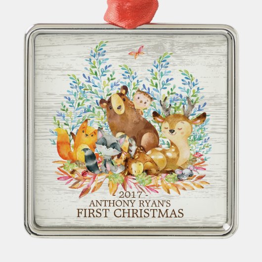 ウッドランドアニマルズベビー初めてのクリスマスオーナメント メタルオーナメント (正面)