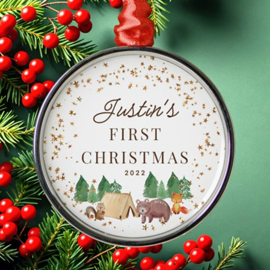 ウッドランドアニマルズベビー初めてのクリスマス メタルオーナメント