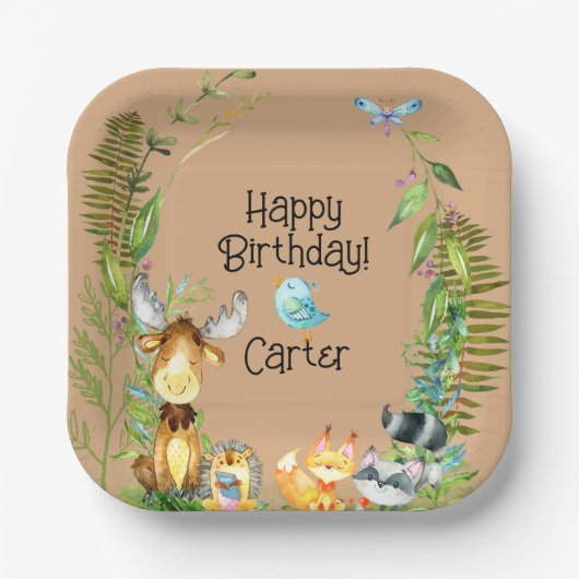 ウッドランドアニマルズベビー誕生日 ペーパープレート (正面)