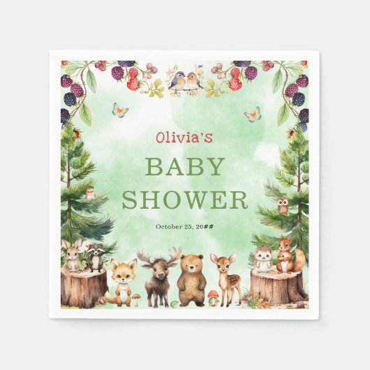 ウッドランドアニマルズベリー花ベビーシャワー スタンダードカクテルナプキン (正面)