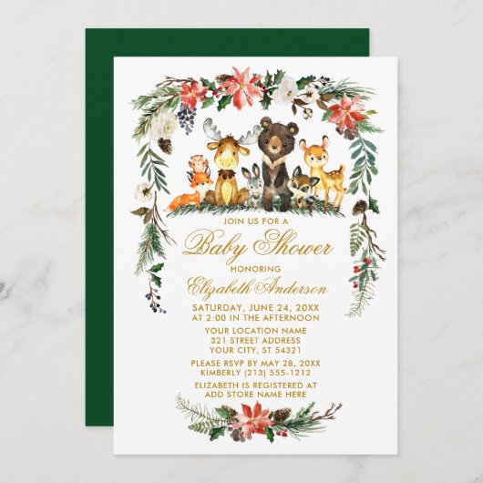 ウッドランドアニマルズホリデーベビーシャワー金ゴールド 招待状 (正面/裏面)