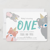 ウッドランドアニマルズホワイトティール（緑がかった色）少年1歳の誕生日 招待状 (正面)