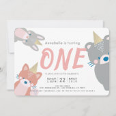 ウッドランドアニマルズホワイトピンクガール1st誕生日 招待状 (正面)