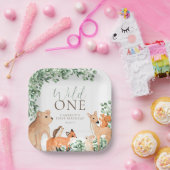 ウッドランドアニマルズホワイトワイルドワンファースト誕生日 ペーパープレート (パーティー)