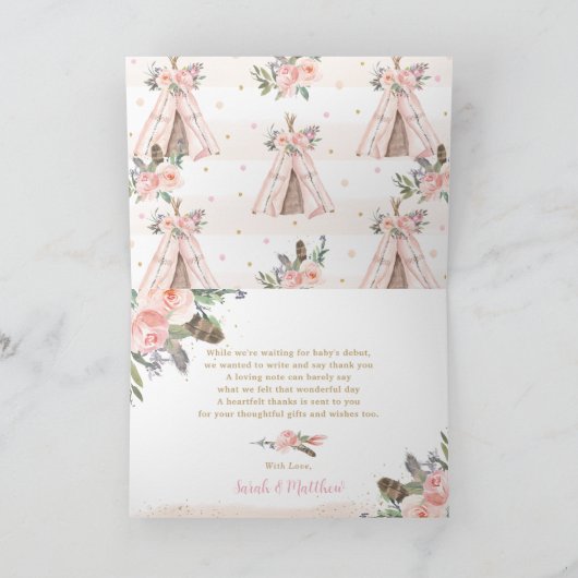 ウッドランドアニマルズボホトライバルベビーブシャワー誕生日 サンキューカード (内部)