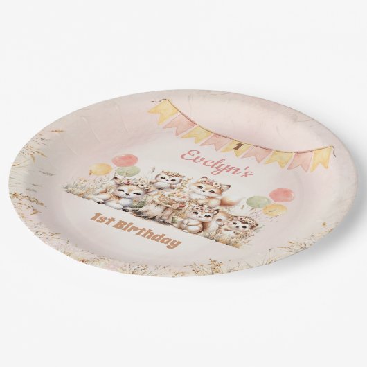 ウッドランドアニマルズボホパステルガール1st誕生日 ペーパープレート (アングル)