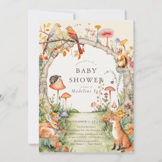 ウッドランドアニマルズマッシュルームガーデンベビーシャワー 招待状 (正面)