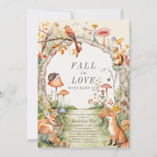 ウッドランドアニマルズマッシュルームガーデンベビーシャワー 招待状 (正面)