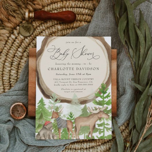 ウッドランドアニマルズランバージャックボーイ素朴ベビーシャワー 招待状