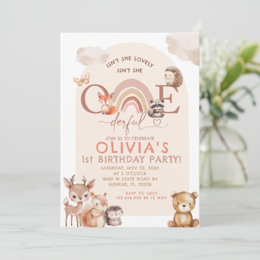 ウッドランドアニマルズレインボーオンダーフル誕生日 招待状 (スタンド正面)