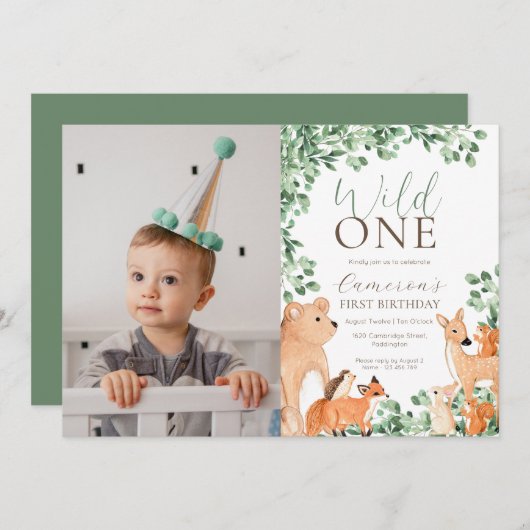 ウッドランドアニマルズワイルドワンファースト誕生日写真 招待状 (正面/裏面)