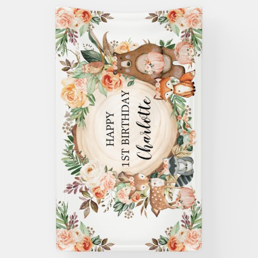 ウッドランドアニマルズ秋秋のフローラハッピーバースデー 横断幕 (縦)