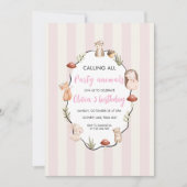 ウッドランドアニマルズ誕生日 | ピンクストライプの女の子 招待状 (正面)