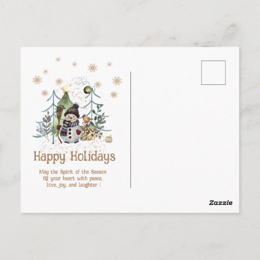 ウッドランドアニマルズ雪だるまクリスマスティール(緑がかった色)ブルー ポストカード (裏面)