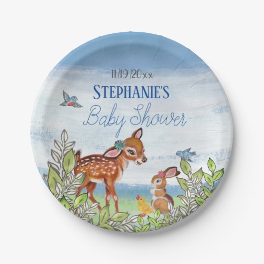 ウッドランドアニマルディアバニーアヒルかわいい赤ちゃんシャワー ペーパープレート (正面)