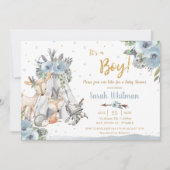 ウッドランドアニマルトライバルブルー金ゴールドボーイベビーシャワー 招待状 (正面)