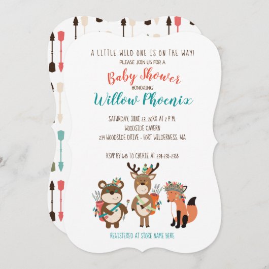 ウッドランドアニマルトライバルボホベイビーシャワー招待状 招待状 (正面/裏面)