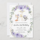 ウッドランドアニマルパープルフローラグリーン誕生日 招待状 (正面)