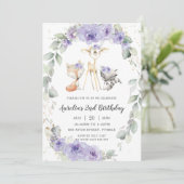 ウッドランドアニマルパープルフローラグリーン誕生日 招待状 (スタンド正面)