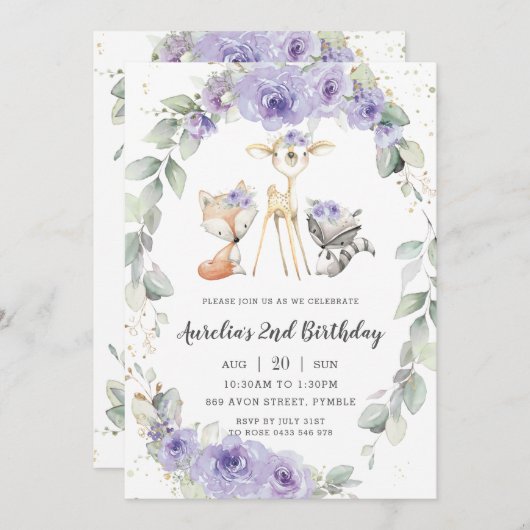 ウッドランドアニマルパープルフローラグリーン誕生日 招待状 (正面/裏面)