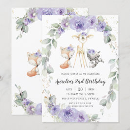 ウッドランドアニマルパープルフローラグリーン誕生日 招待状