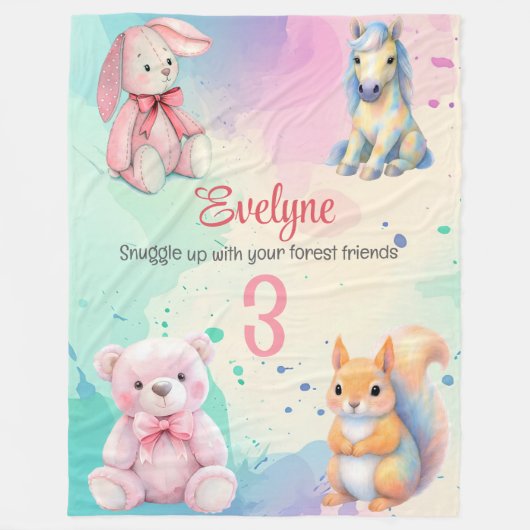 ウッドランドアニマルフレンズウォーターカラー誕生詳細 フリースブランケット (正面)