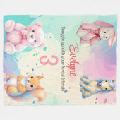 ウッドランドアニマルフレンズウォーターカラー誕生詳細 フリースブランケット (正面(横))