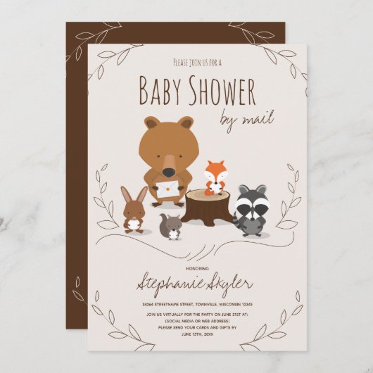 ウッドランドアニマルブラウン通販で赤ちゃんシャワー 招待状 (正面/裏面)