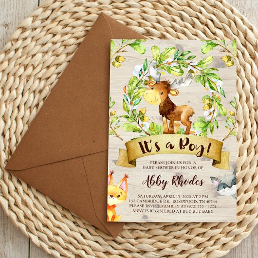 ウッドランドアニマルムースキツネラクーンベイビーシャワー 招待状
