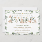 ウッドランドアニマル グリーン ツイン ニュートラル ベビーシャワー 招待状 (正面)