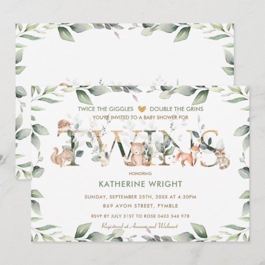 ウッドランドアニマル グリーン ツイン ニュートラル ベビーシャワー 招待状 (正面/裏面)