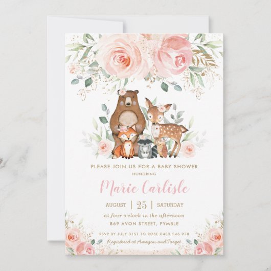 ウッドランドアニマル ブラッシュ フローラル ガール ベビーシャワー 招待状 (正面)