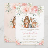 ウッドランドアニマル ブラッシュ フローラル ガール ベビーシャワー 招待状 (正面/裏面)