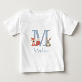 ウッドランドアニマル ブルー 男の子 名前のイニシャル モノグラム ベビーTシャツ