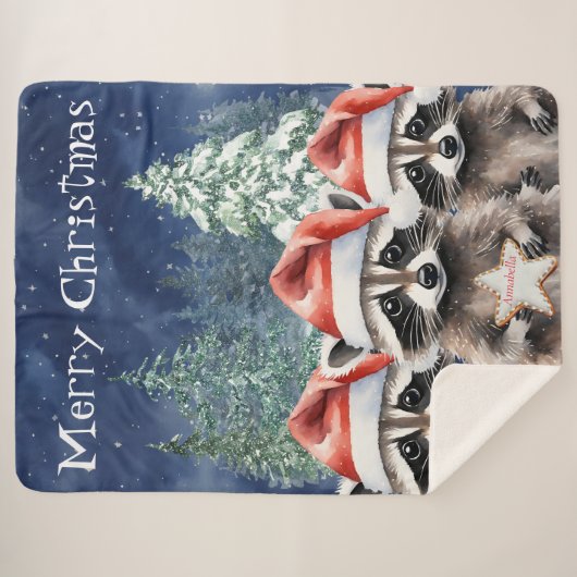 ウッドランドアライグマパーソナライズされたメリークリスマス シェルパブランケット (正面(横))