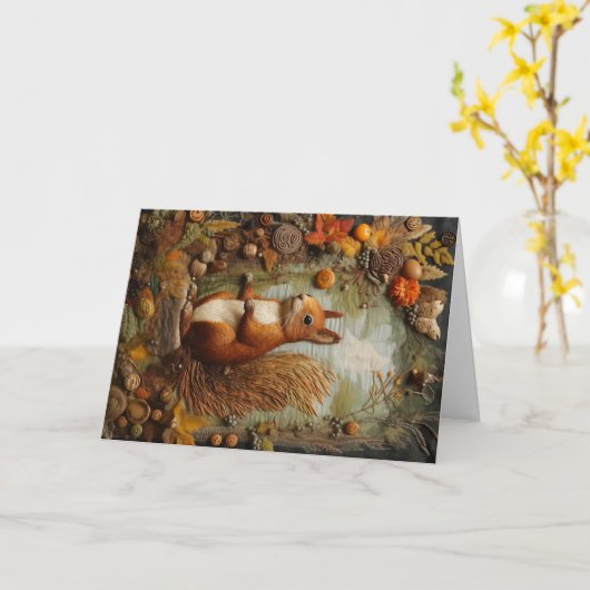 ウッドランドアート動物野生動物リスの挨拶 カード (黄色い花)