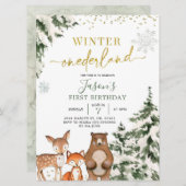 ウッドランドウィンターオネダーランドフォレストファースト誕生日I 招待状 (正面/裏面)