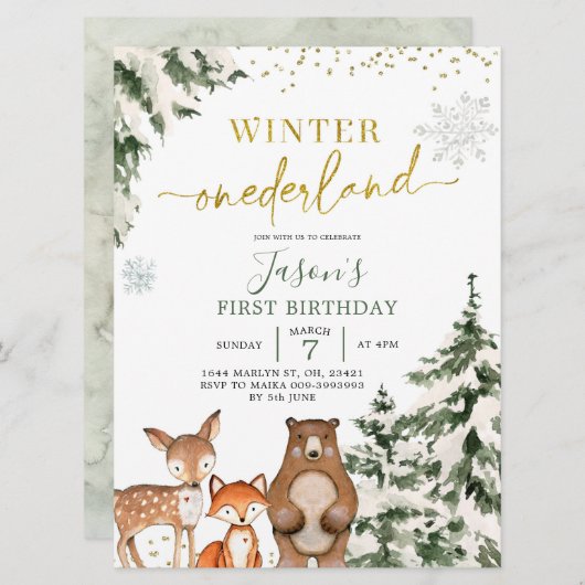 ウッドランドウィンターオネダーランドフォレストファースト誕生日I 招待状 (正面/裏面)
