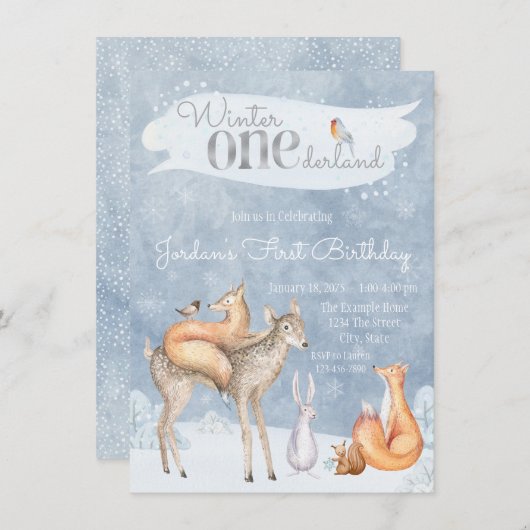 ウッドランドウィンターワンダーランドの最初の誕生日パーティー 招待状 (正面/裏面)