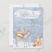 ウッドランドウィンターワンダーランドの最初の誕生日パーティー 招待状 (正面)